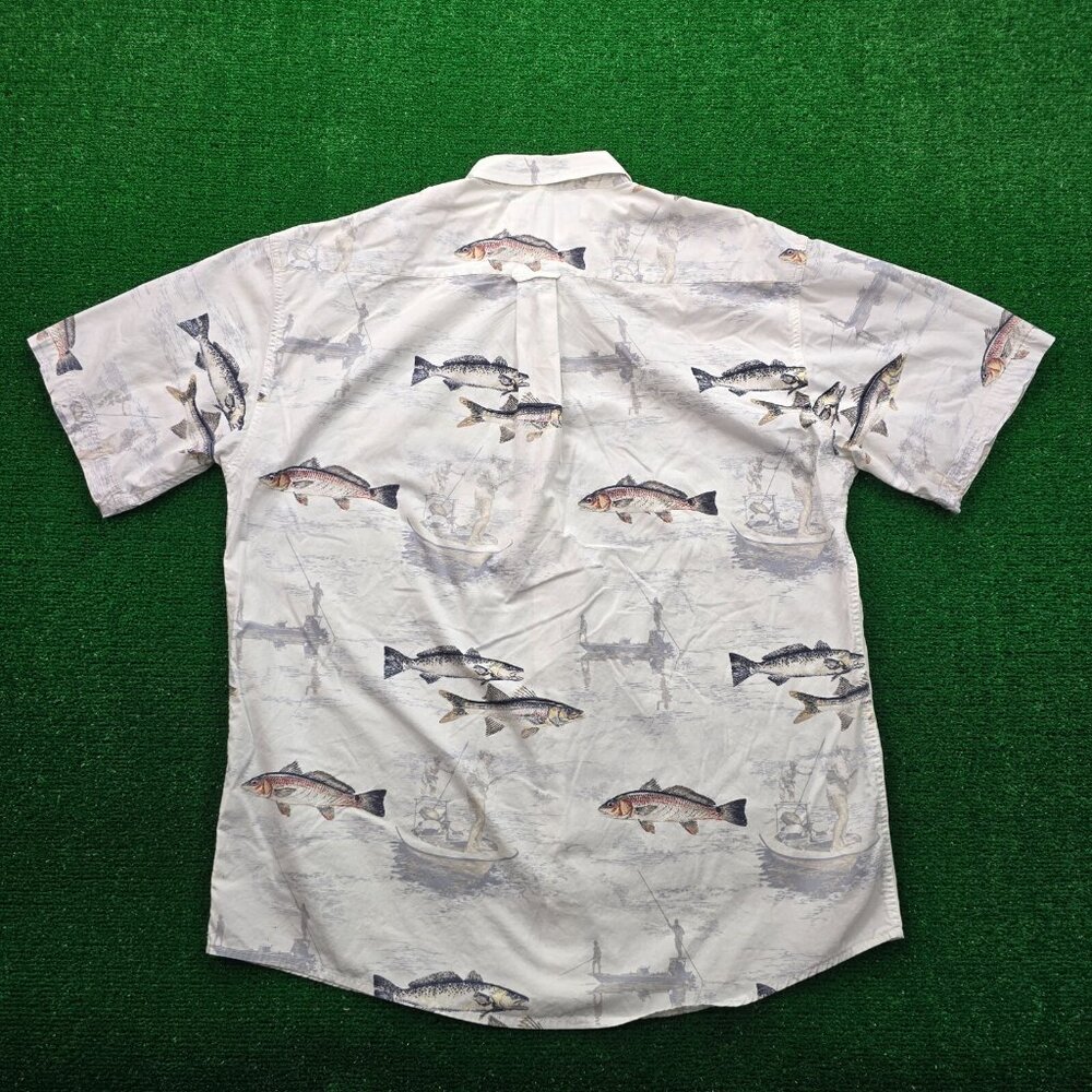 Reel Legends Shirt Mens Large White‎ Button Up Short Sleeve Fish All Over Print - Picture 9 of 9